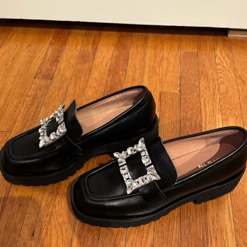 ALL BLACK  Crystal Buckle slip on leather loafer NEW!